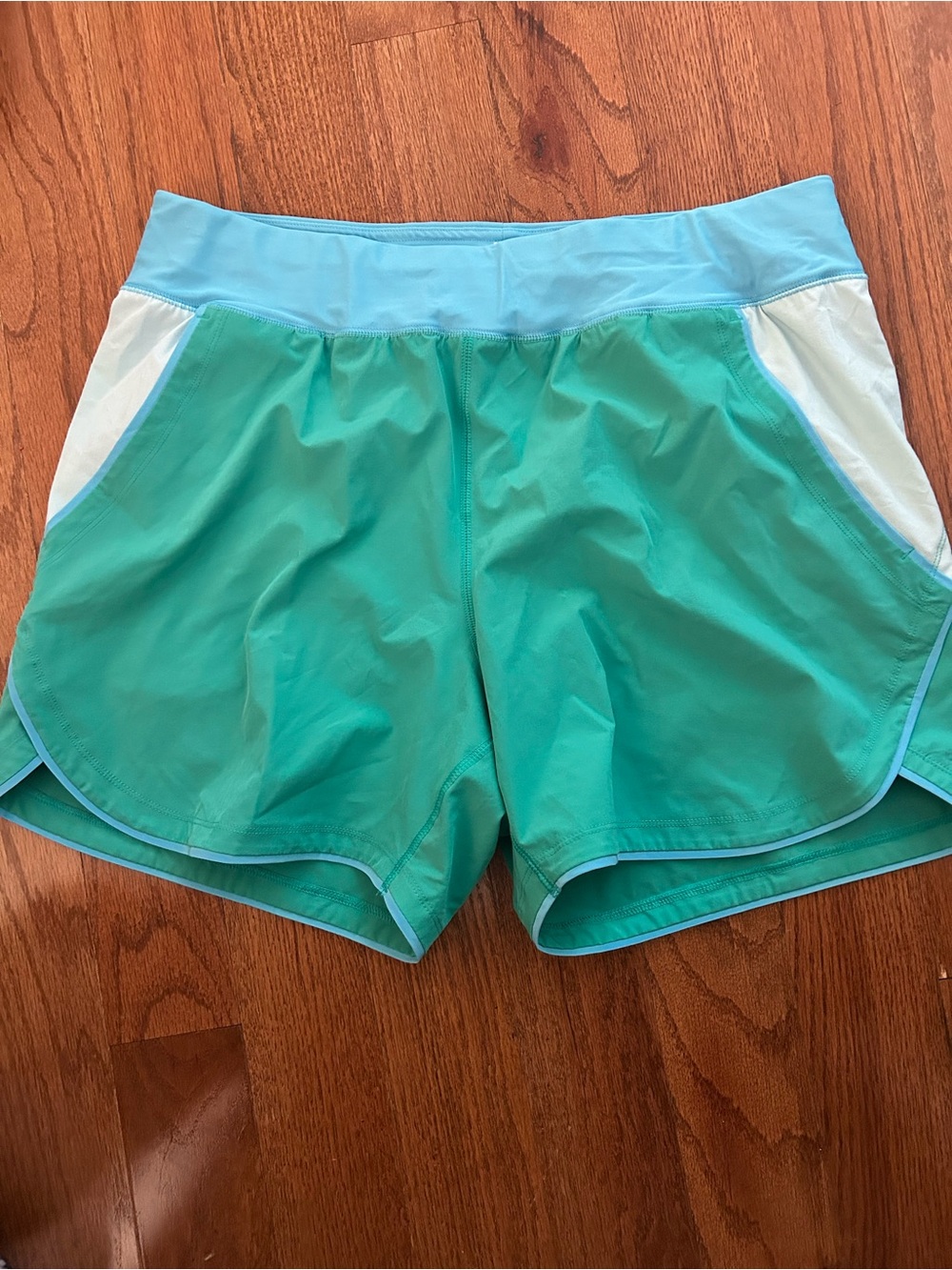 Lands' End Colorblock Teal White Light Blue Athletic Shorts 80s Retro 14